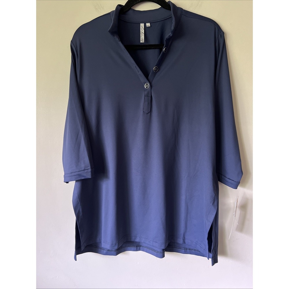 Lulu B Size XL Navy Stretch Top 3/4 Sleeve Button Up With Side Slits Upf50